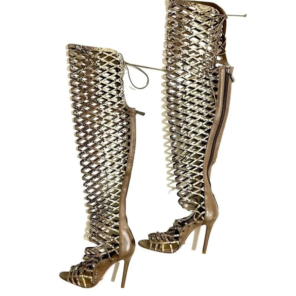 Schutz Karlyana Caged Over The Knee Laser Cut Peep Toe Boots Snake Print